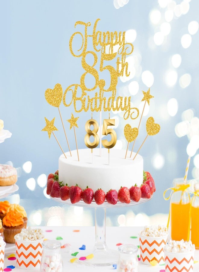 Lecferrarc 85th Birthday Cake Decorations, 85th Birthday Candles Cake Numeral Candles and Glitter Happy 85th Birthday Cake Toppers Set for Birthday Party Supplies (Gold) - Image 3